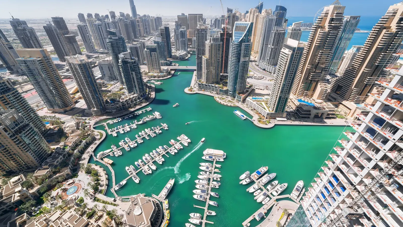 Aerial view of the towers and yacht harbour of Dubai Marina